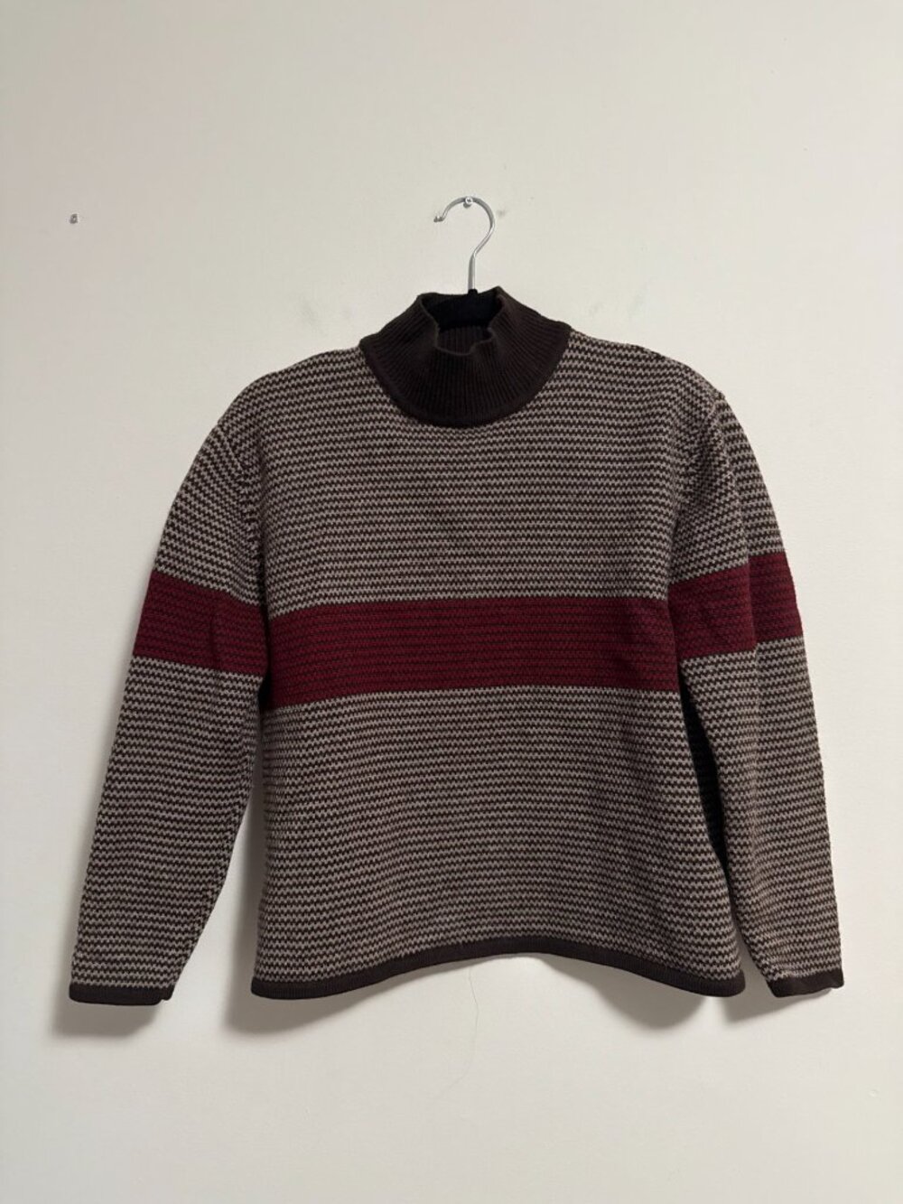 Vintage Eddie Bauer AKA Wool Mock Neck Sweater Houndstooth Brown Womens M